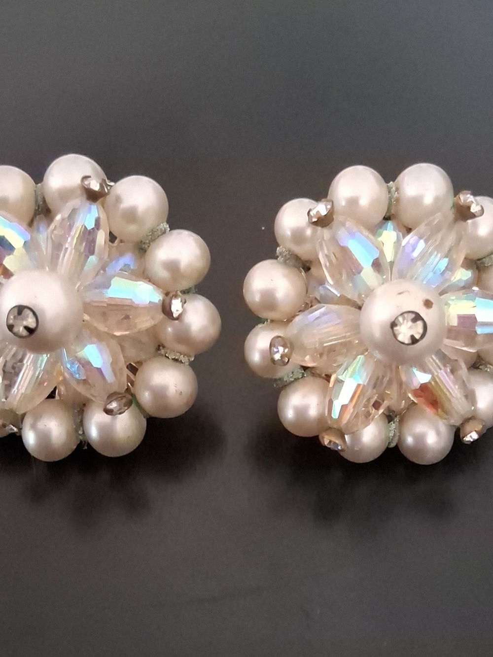 Signed 1960's VENDOME Pearl and Aurora Borealis & Rhinestones Clip Earrings
